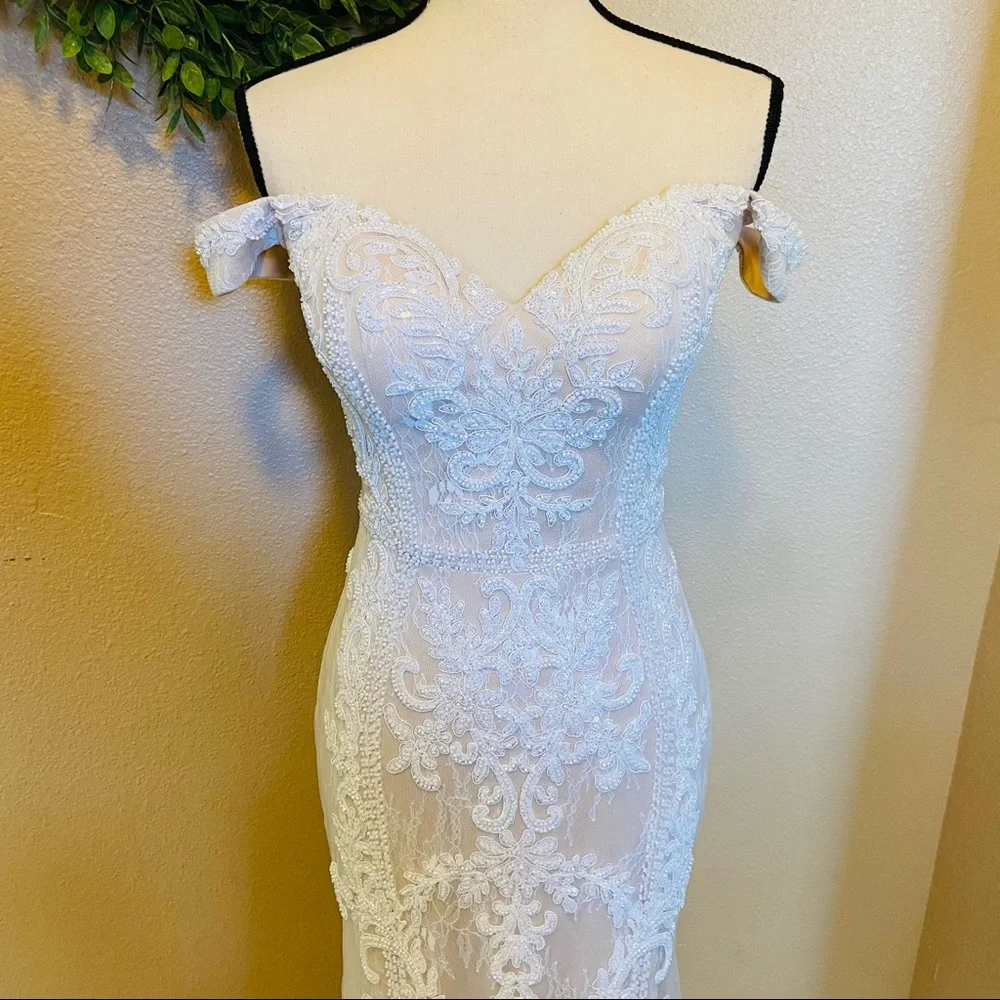 NWOT Lulus Promised Love White Beaded Lace Off-the-Shoulder Maxi Dress - Picture 3 of 16